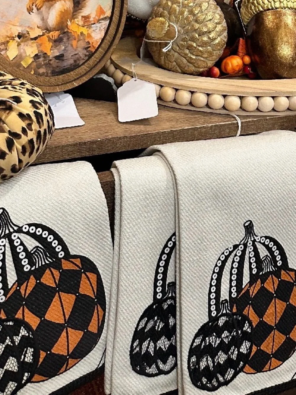 Fall Sequin Pumpkin Kitchen Towels - Black & Orange on Cream